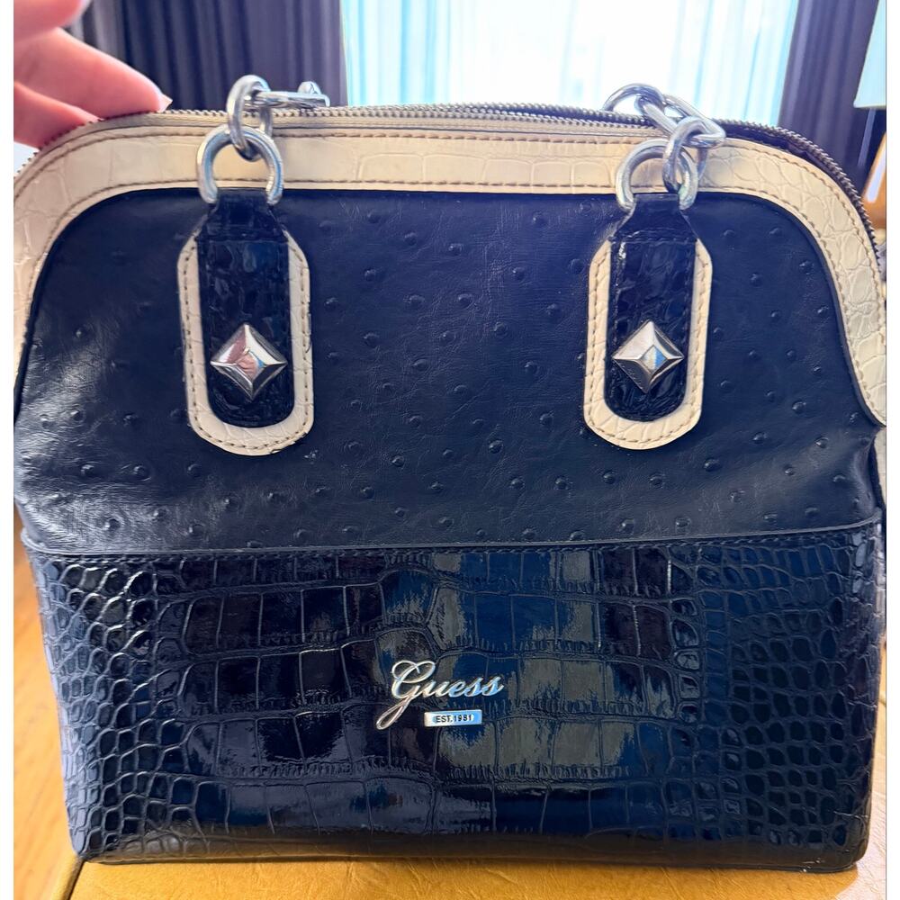 GUESS Y2K Black Faux Ostrich Croc Satchel Chain Handle Handbag